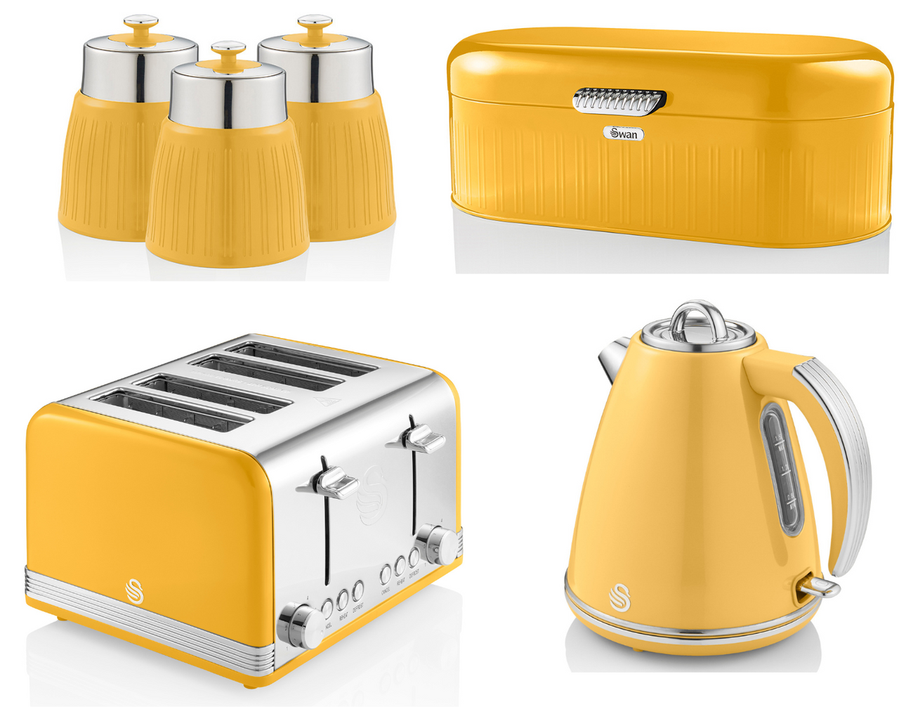 Swan Retro Yellow Jug Kettle 4 Slice Toaster Breadbin Canisters Kitchen Set of 6