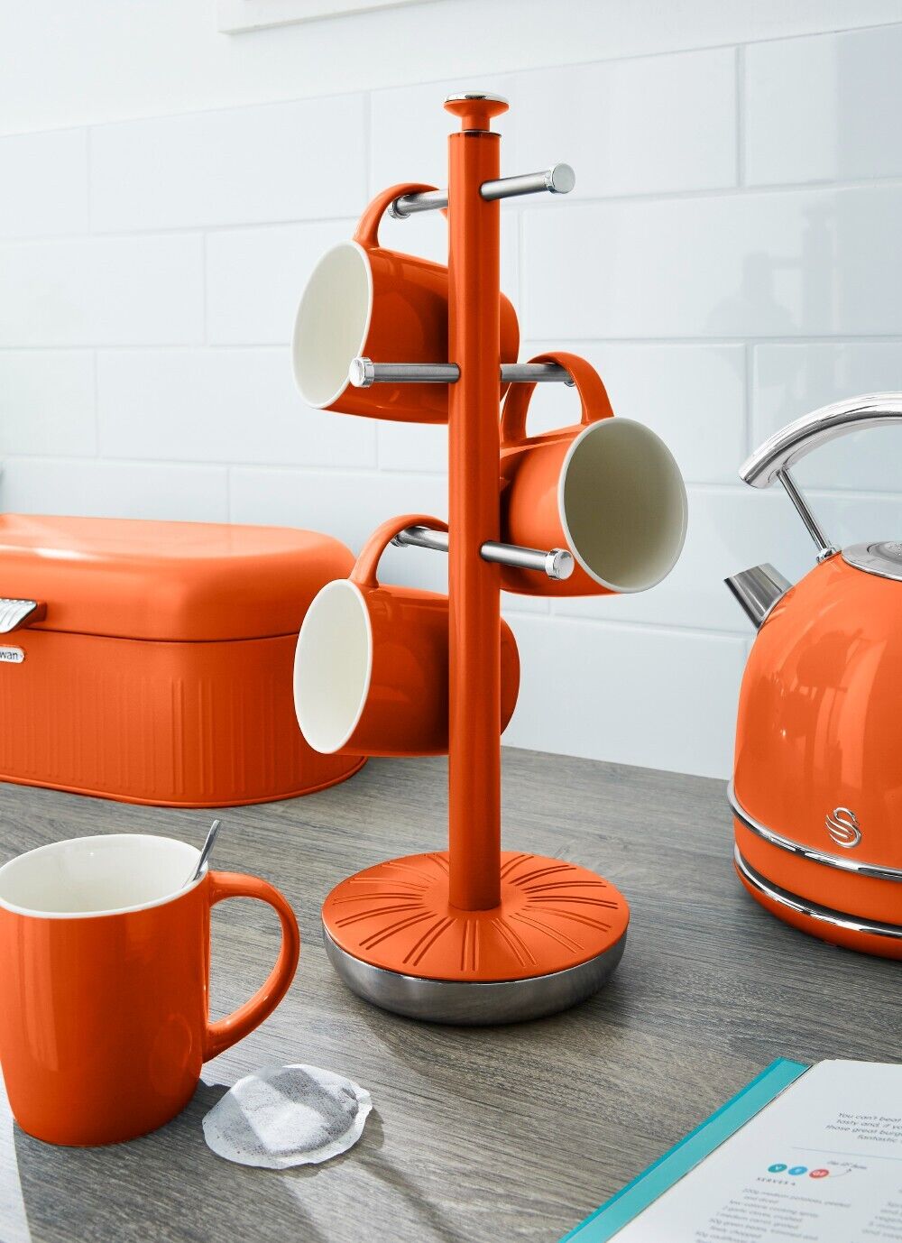 Swan Retro Orange Mug Tree & Towel Pole Matching Kitchen Storage Set