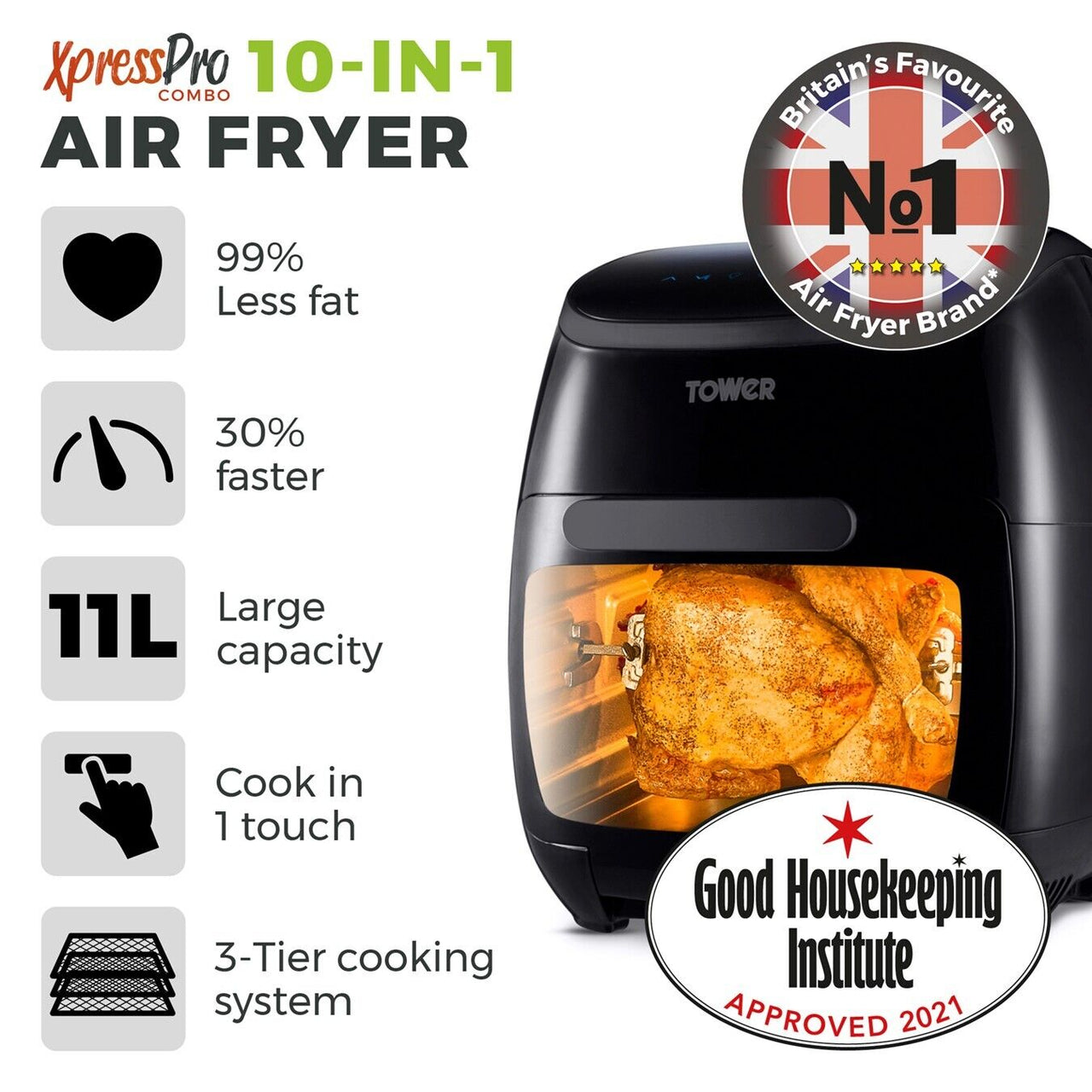 TOWER Xpress Pro Combo 2000W 11 Litre 10-in-1 Digital Air Fryer Oven Rotisserie