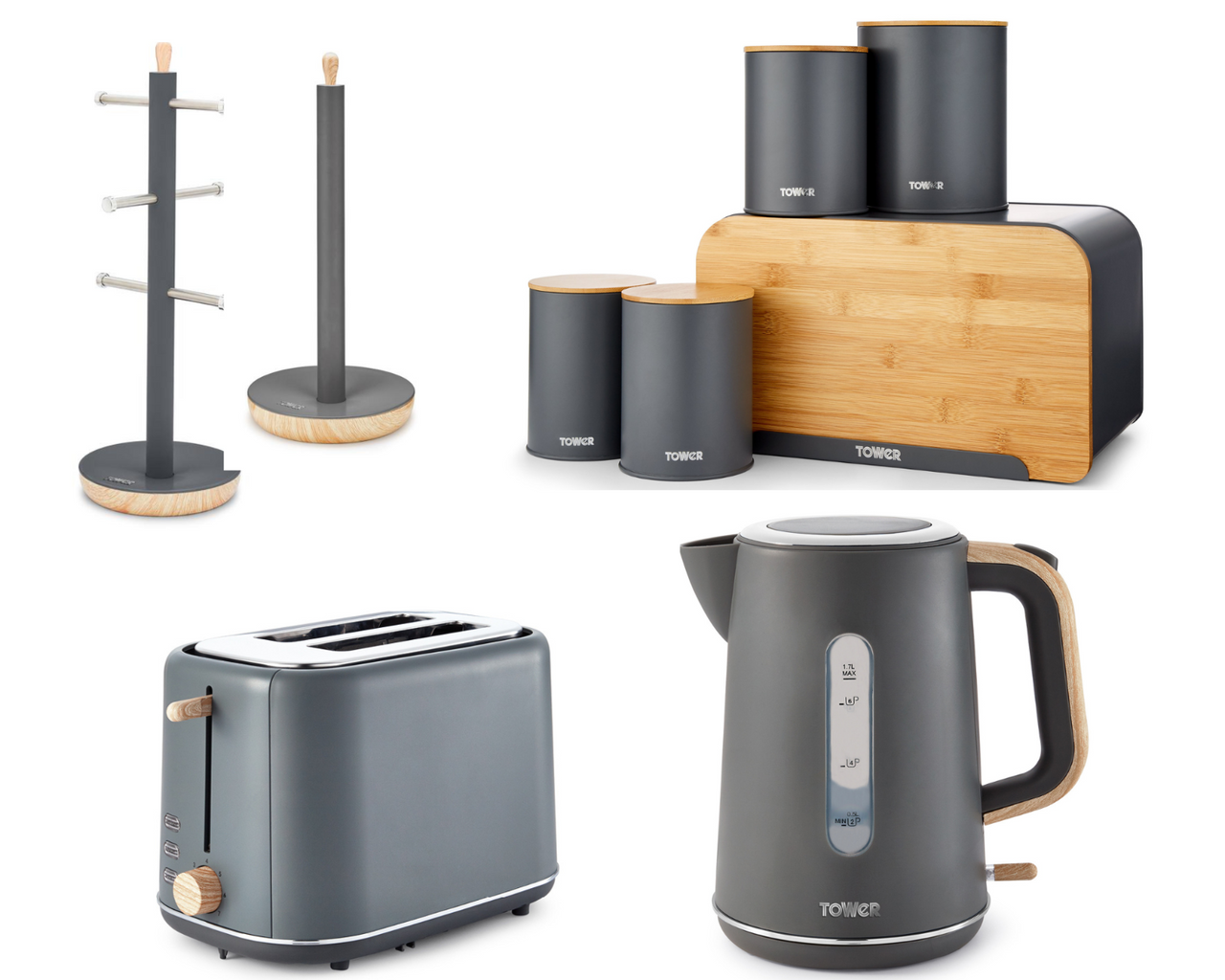 Tower Scandi Grey Kitchen Set of 9 Kettle 2 Slice Toaster & Kitchen Storage Set