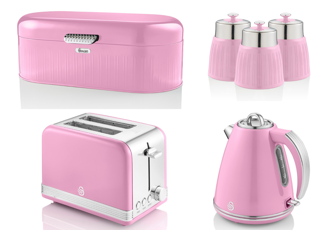 SWAN Retro Pink Jug Kettle Toaster Breadbin & 3 Canisters Matching Kitchen Set