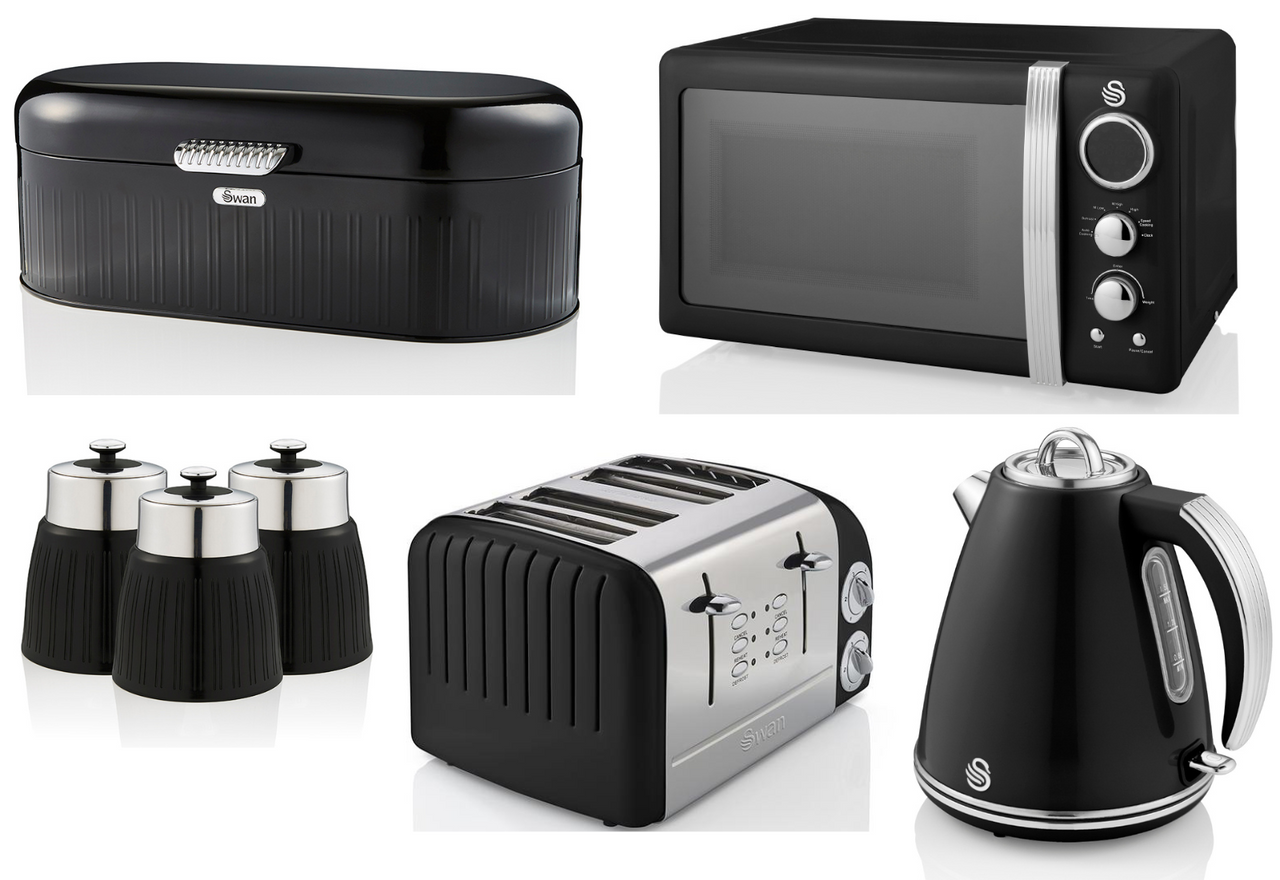 SWAN Retro Black Jug Kettle ST34020BN Toaster Microwave Breadbin Canisters 7 Set