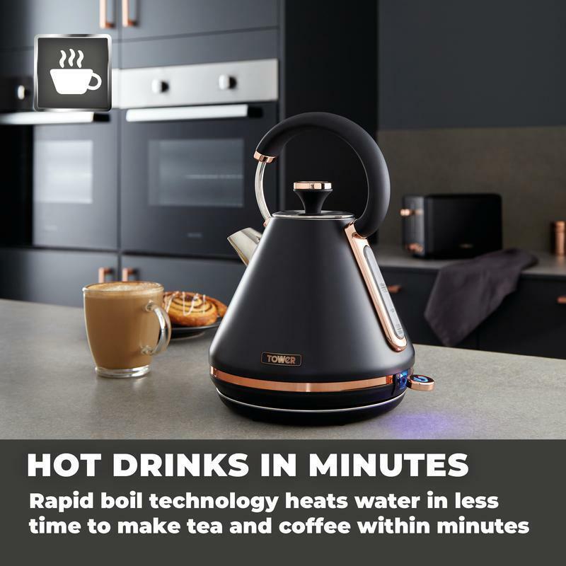 Tower Cavaletto Kettle, 4 Slice Toaster, Bread Bin & Mug Tree in Black & Rose Gold