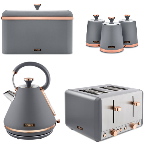 Tower Grey & Rose Gold Pyramid Kettle Toaster Bread Bin & Canisters Set