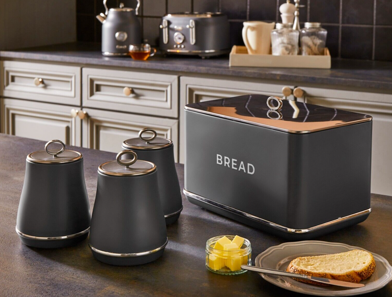 Tower Renaissance Grey Bread Bin Canisters Stylish Matching Kitchen Storage Set