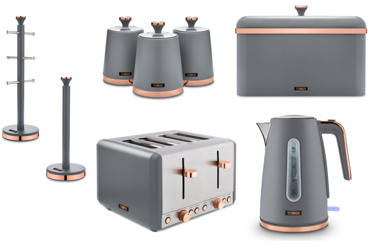 TOWER Cavaletto Kettle Toaster Bread Bin Canisters Mug Tree Towel Pole Grey & Rose Gold