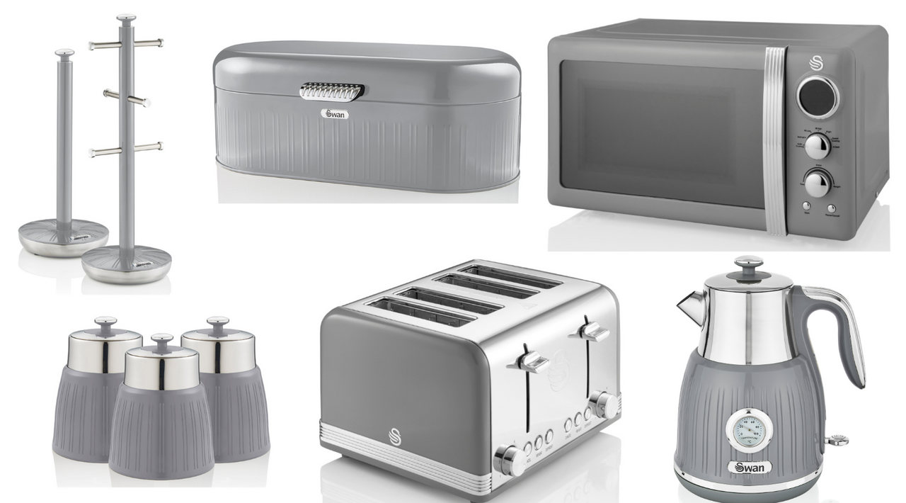 SWAN Retro Grey 1.5L 3KW Dial Kettle, 4 Slice Toaster, 800W 20L Microwave, Bread Bin, Canisters, Mug Tree & Towel Pole Set of 9