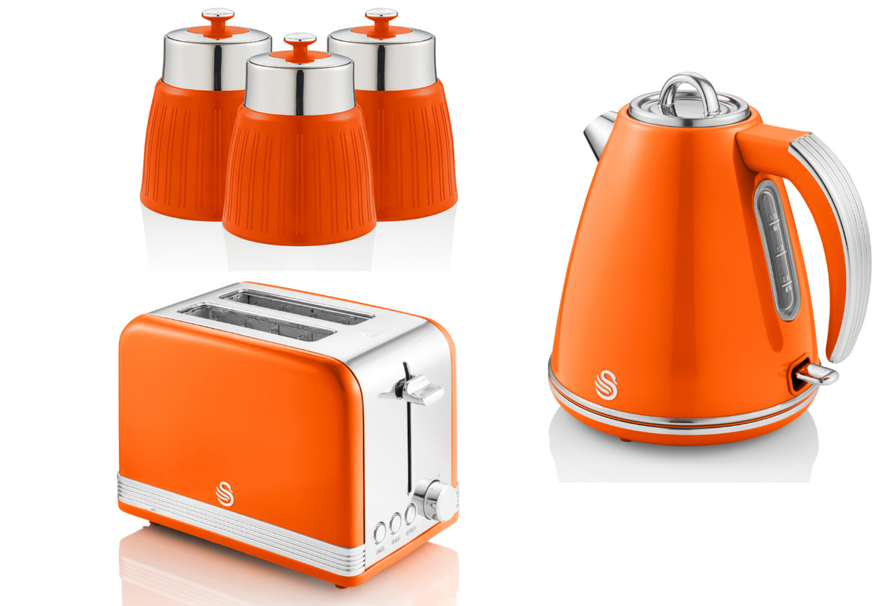 SWAN Retro Orange 1.5L 3KW Jug Kettle 2 Slice Toaster & 3 Canisters Kitchen Set