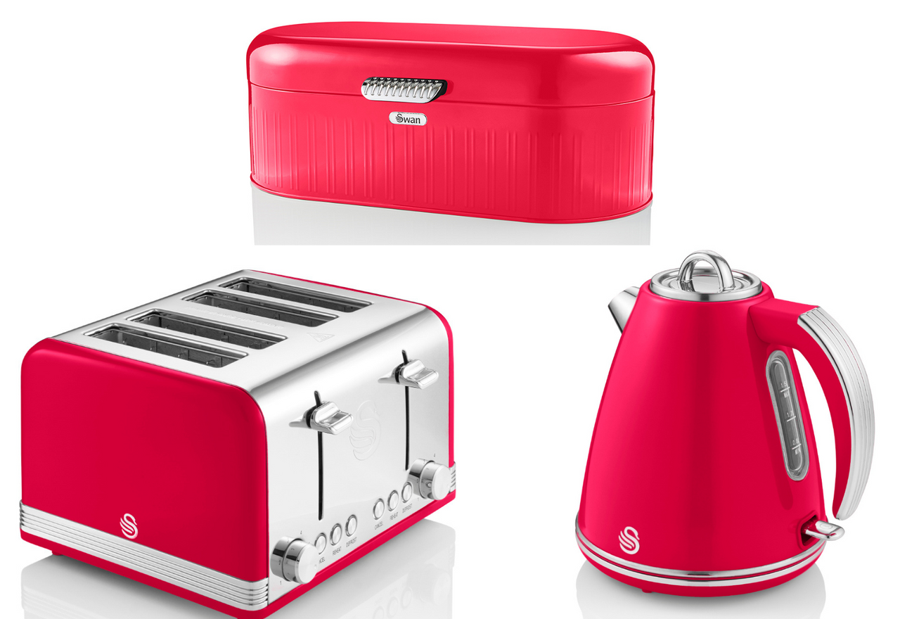 Swan Retro Red 1.5L Jug Kettle 4 Slice Toaster & Breadbin Matching Kitchen Set