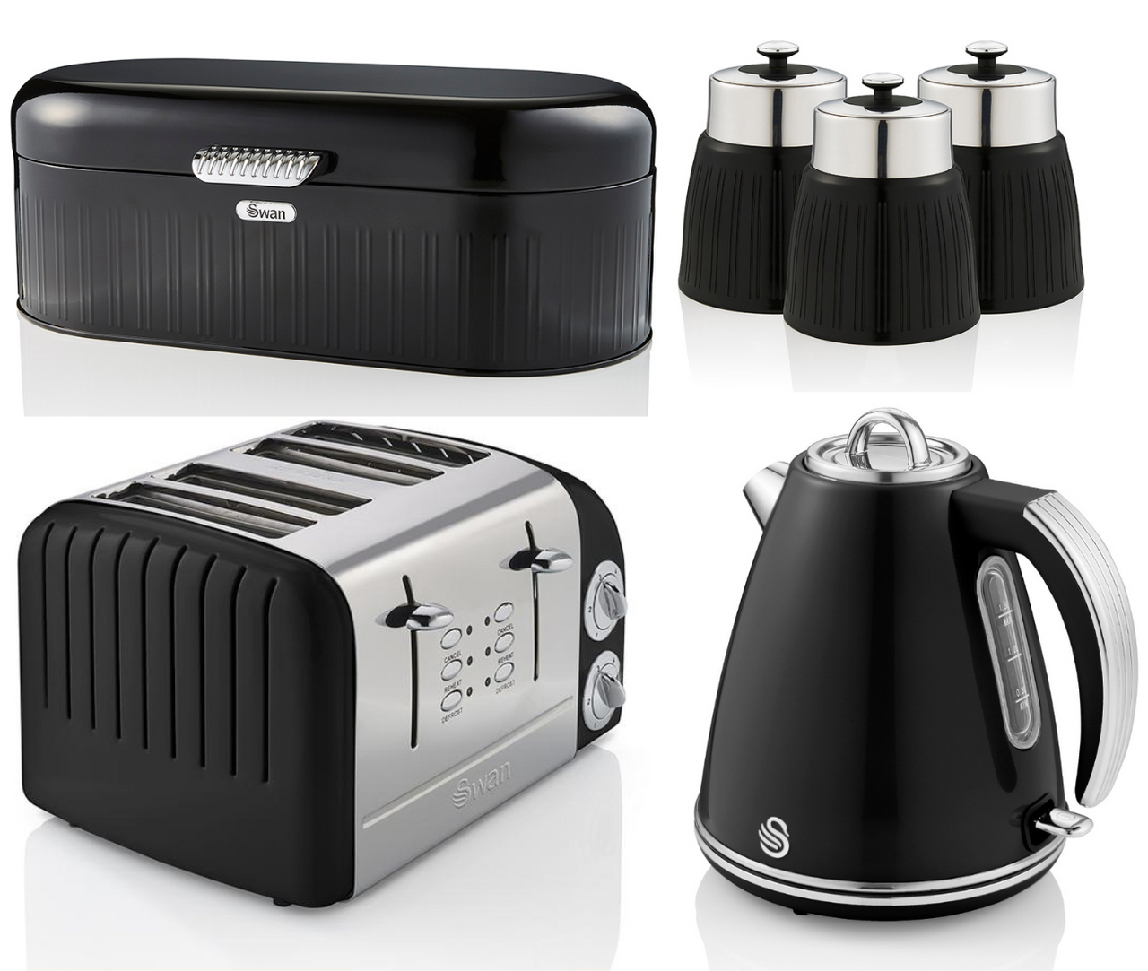 Swan Retro Black Jug Kettle 4 Slice Toaster ST34020BN Bread Bin & Canisters Set