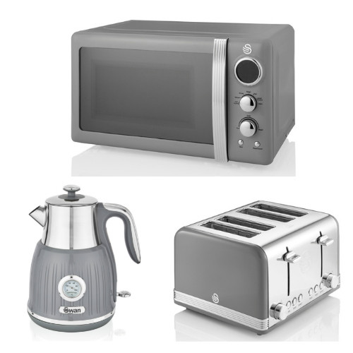 SWAN Retro Dial Kettle, 4 Slice Toaster & Digital Microwave in Vintage Grey