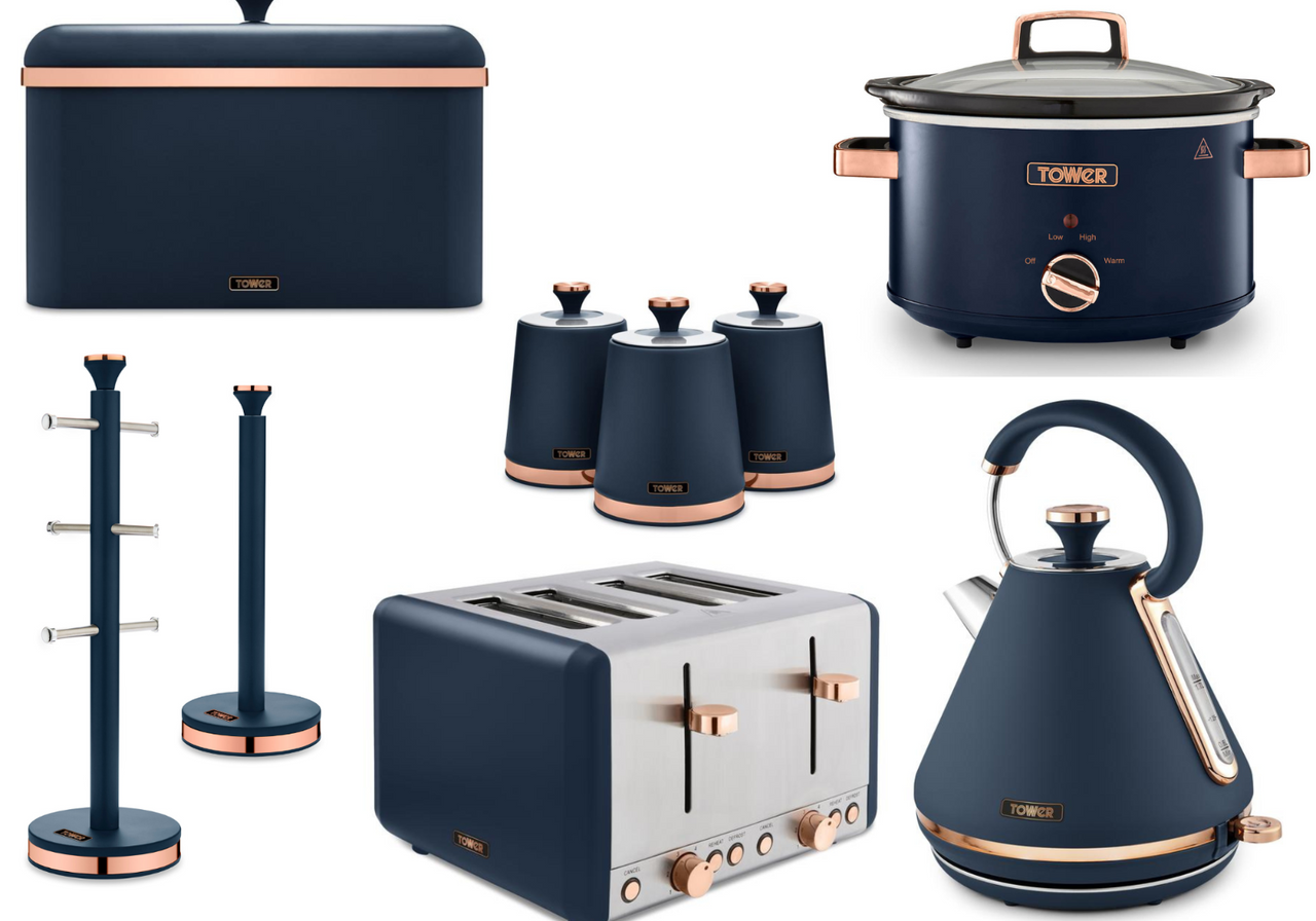 Tower Cavaletto Blue Kettle, 4 Slice Toaster, Slow Cooker & Storage Set 9 items