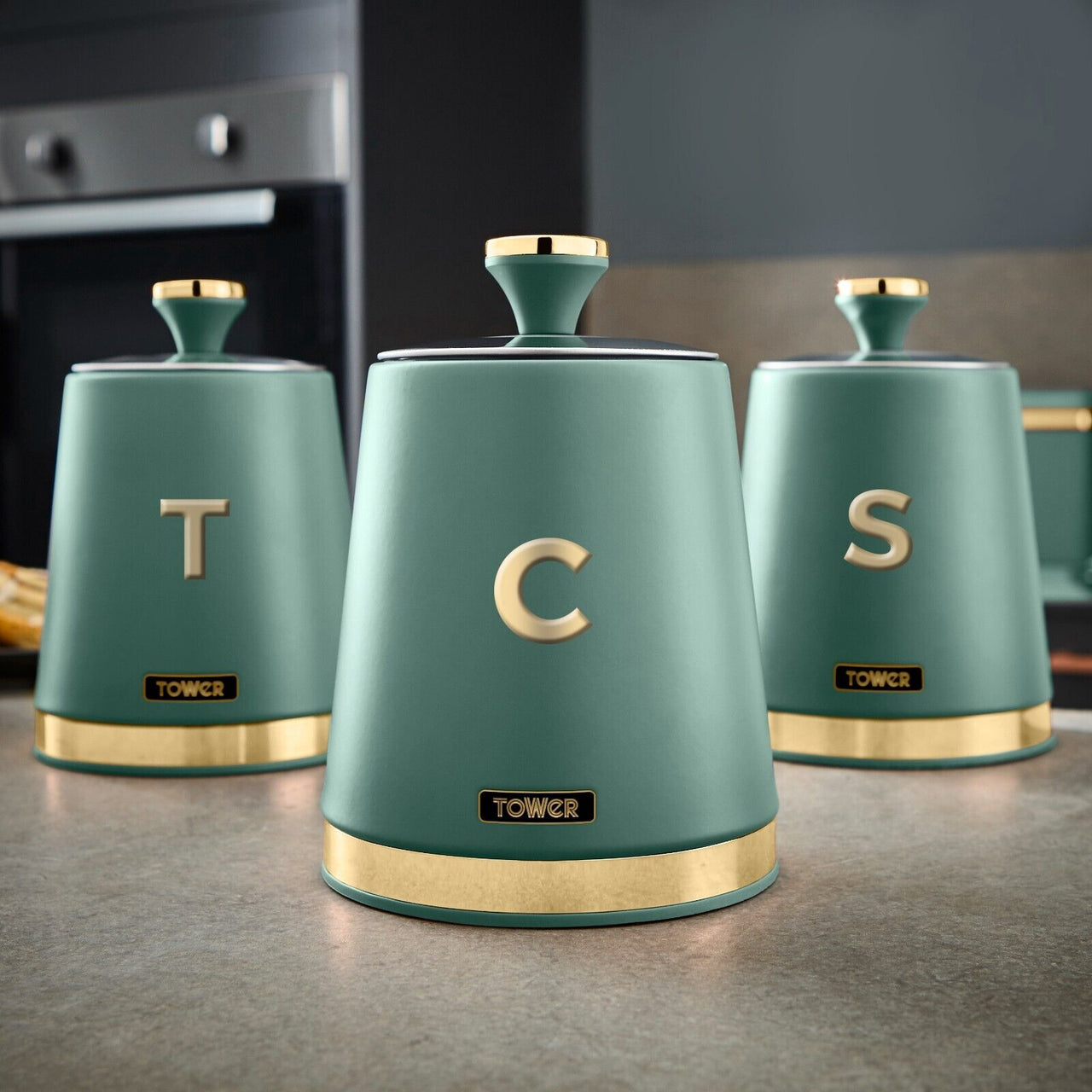 Tower Cavaletto Bread Bin Canisters Matching Set in Jade & Champagne Gold