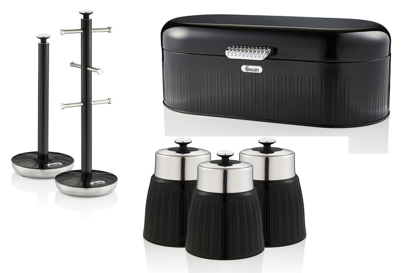 Swan Retro Black Bread Bin, Tea Coffee, Sugar Canisters, Mug Tree & Towel Pole Kitchen Storage Set