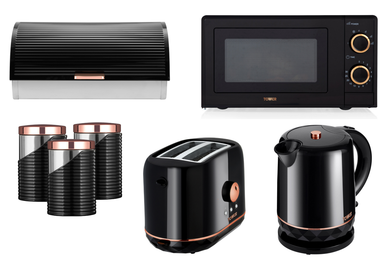 Tower Rose Gold & Black 1.5L Kettle, 2 Slice Toaster, 700W 20L Microwave, Bread Bin & 3 Canisters Set