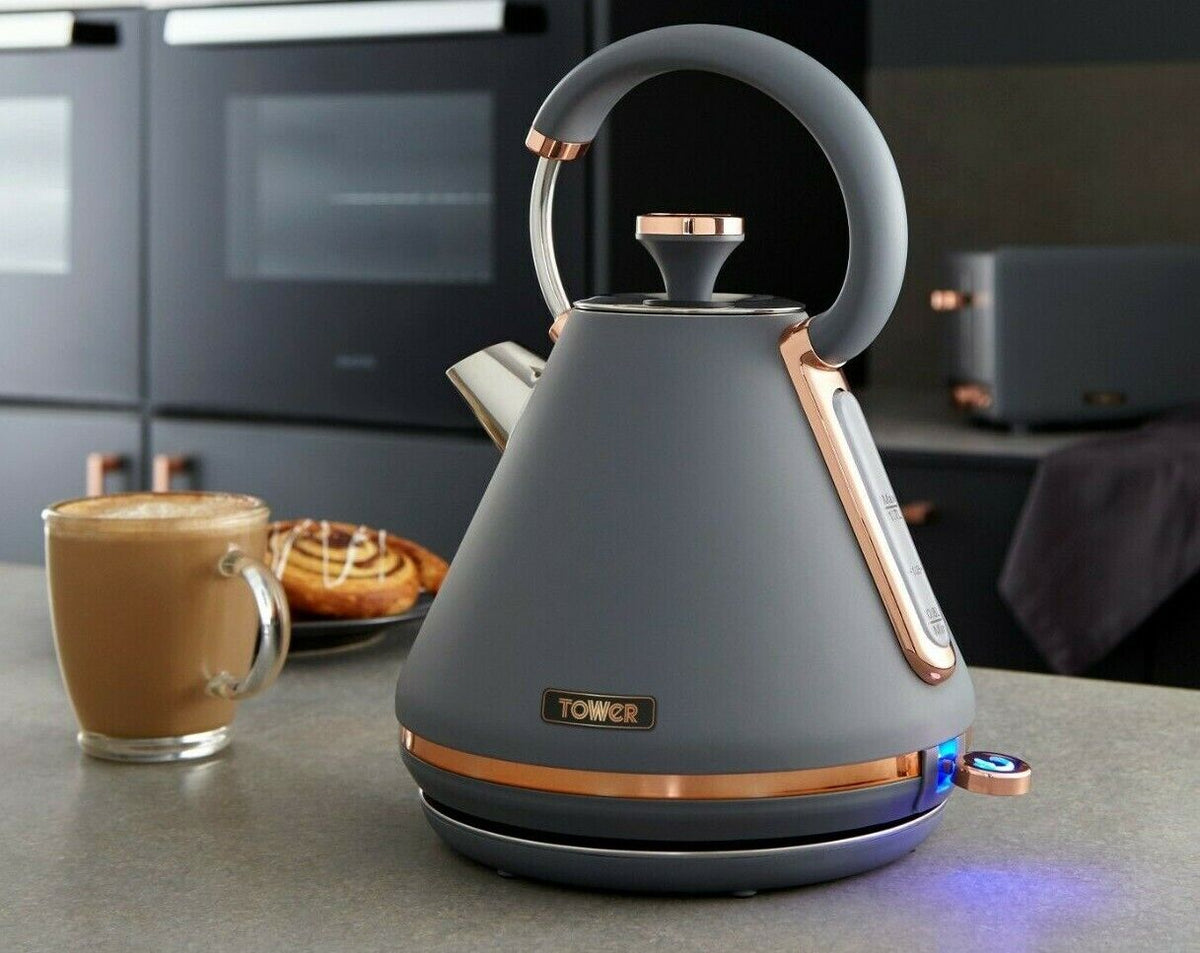 Kettel Roes Tower Cavaletto Pyramid 1.7L 3KW Rapid Boil Kettle in Grey & Rose Gold