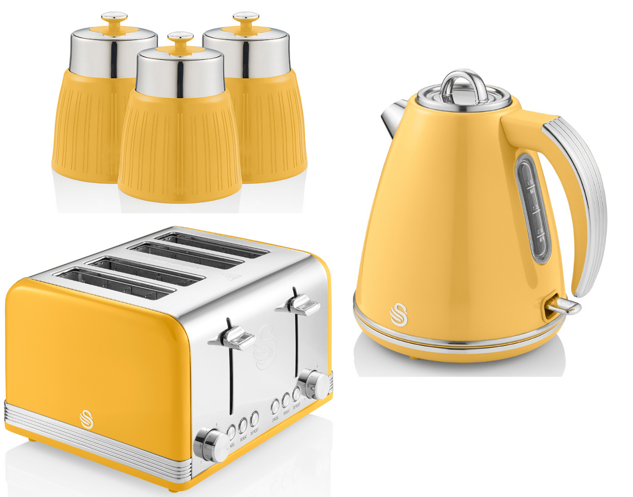 Swan Retro Yellow Jug Kettle 4 Slice Toaster & 3 Storage Canisters Kitchen Set