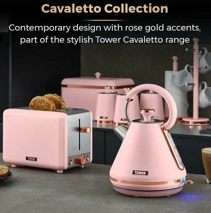 Tower Cavaletto Pink Set of 8 Kettle Toaster Bread Bin 3 Canisters Mug Tree & Towel Pole