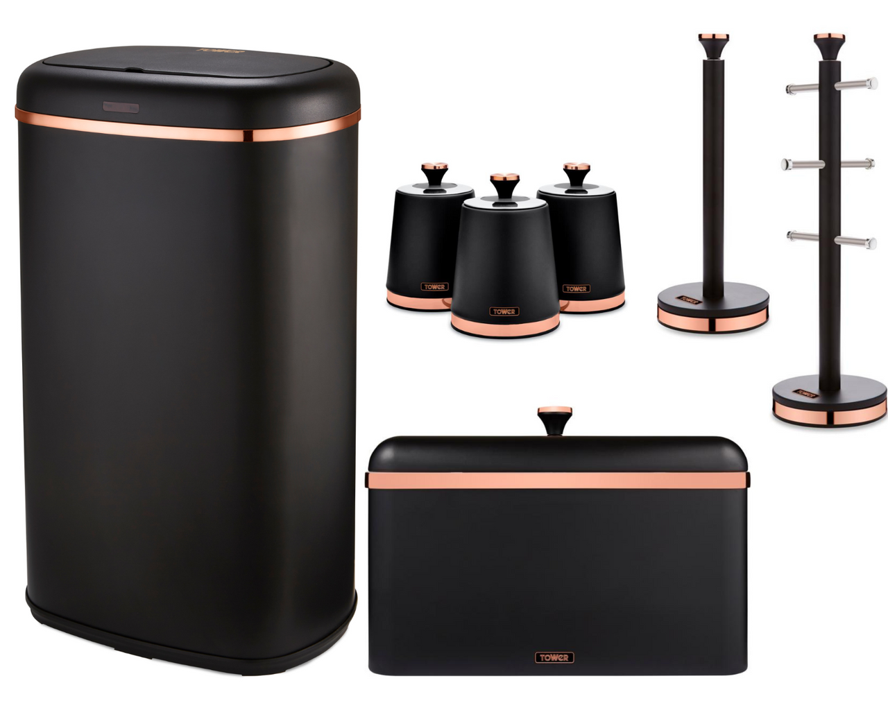 Tower Cavaletto Kitchen Accessories Matching Set of 7 In Black & Rose Gold
