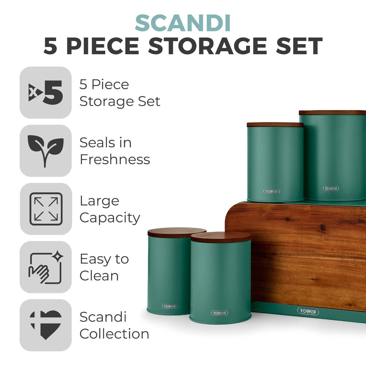 Tower Scandi Jade Kitchen Storage Set Bread Bin 3 Canisters & Biscuit Barrel