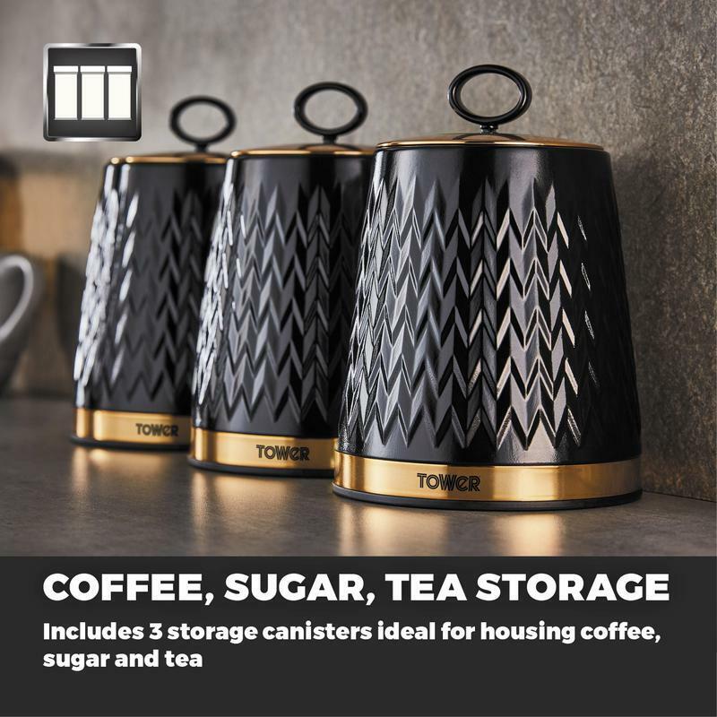 Tower Empire Bread Bin Canisters Mug Tree & Towel Pole Set Black with Brass