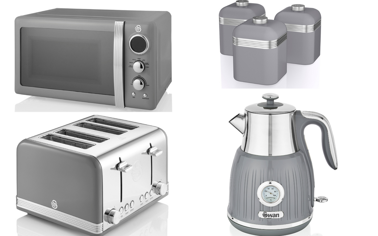 Swan Retro Grey 1.5L 3KW Dial Kettle, 4 Slice Toaster, 800W 20L Microwave & Canisters Kitchen Set