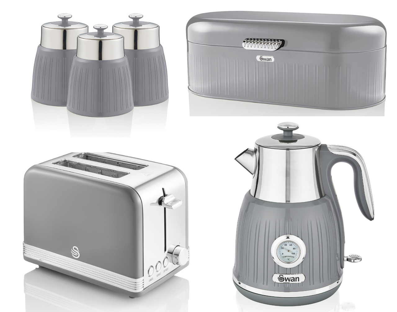 SWAN Retro Grey 1.5L 3KW Jug Dial Kettle, 2 Slice Toaster, Breadbin & Canisters Matching Kitchen Set