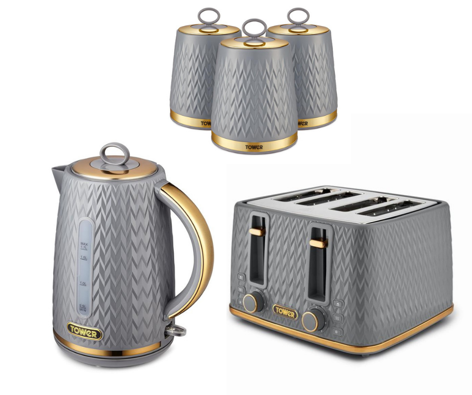 Tower Empire Grey 1.7L 3KW Jug Kettle 4 Slice Toaster & Canisters Set