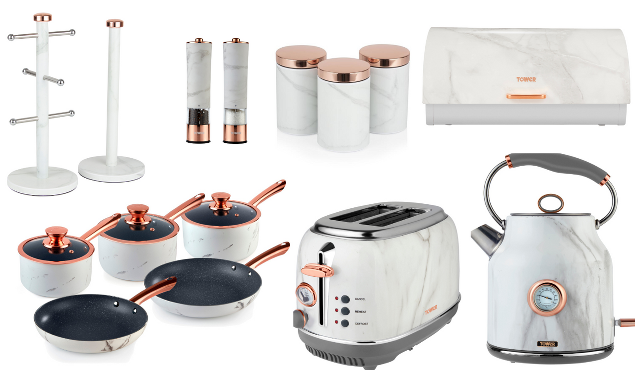 Tower Marble Rose Gold Set of 15 Kettle, Toaster, Pan Set, Storage Accessories