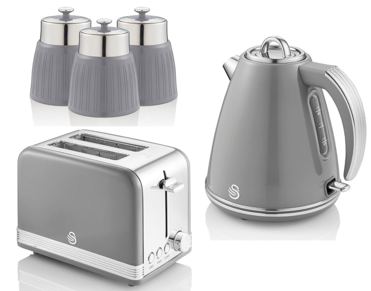 SWAN Retro Grey 1.5L 3KW Jug Kettle, 2 Slice & Set of 3 Canisters Kitchen Set