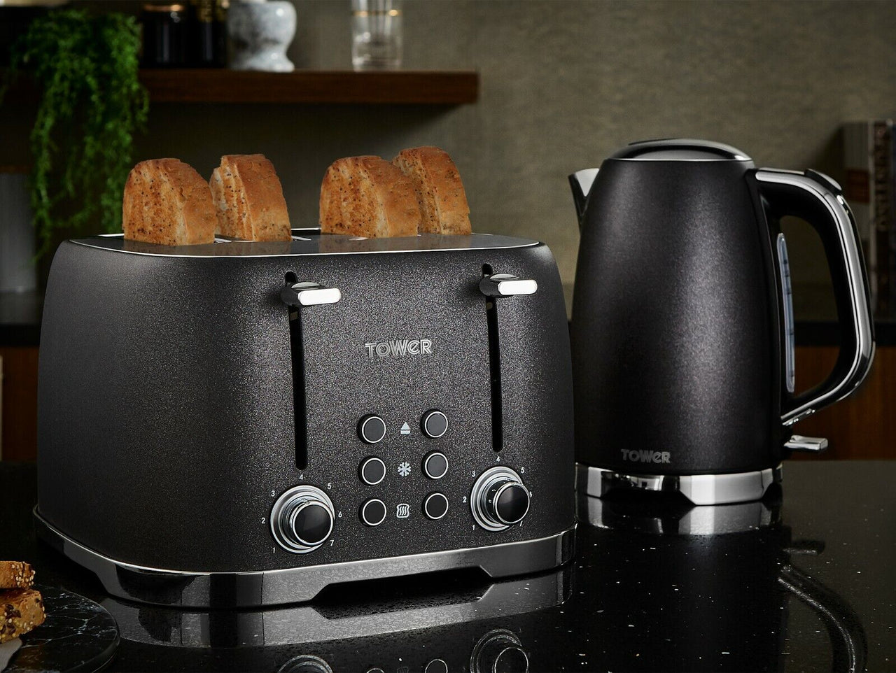 Tower Glitz Kettle Toaster  & Bread Bin Kitchen Set in Sparkling Black Noir