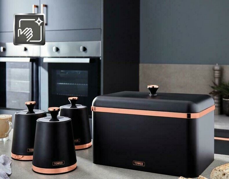 TOWER Cavaletto Black Bread Bin & Canisters Kitchen Storage Set with Rose Gold Accents
