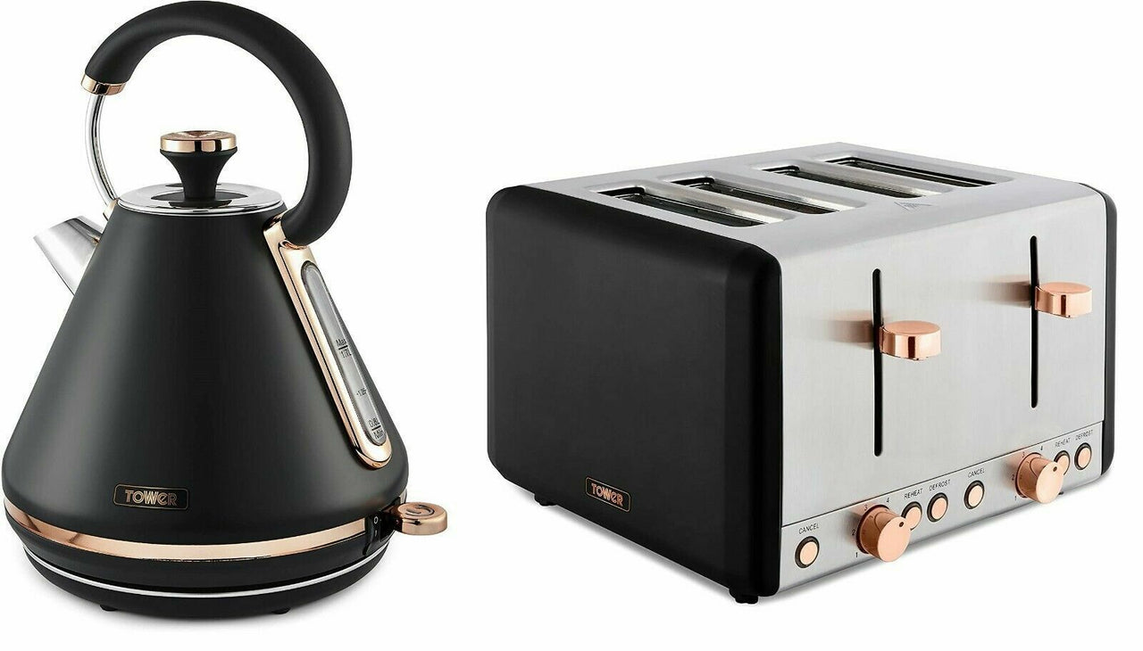 Tower Cavaletto 1.7L Pyramid Kettle & 4 Slice Toaster Matching Set in Black & Rose Gold