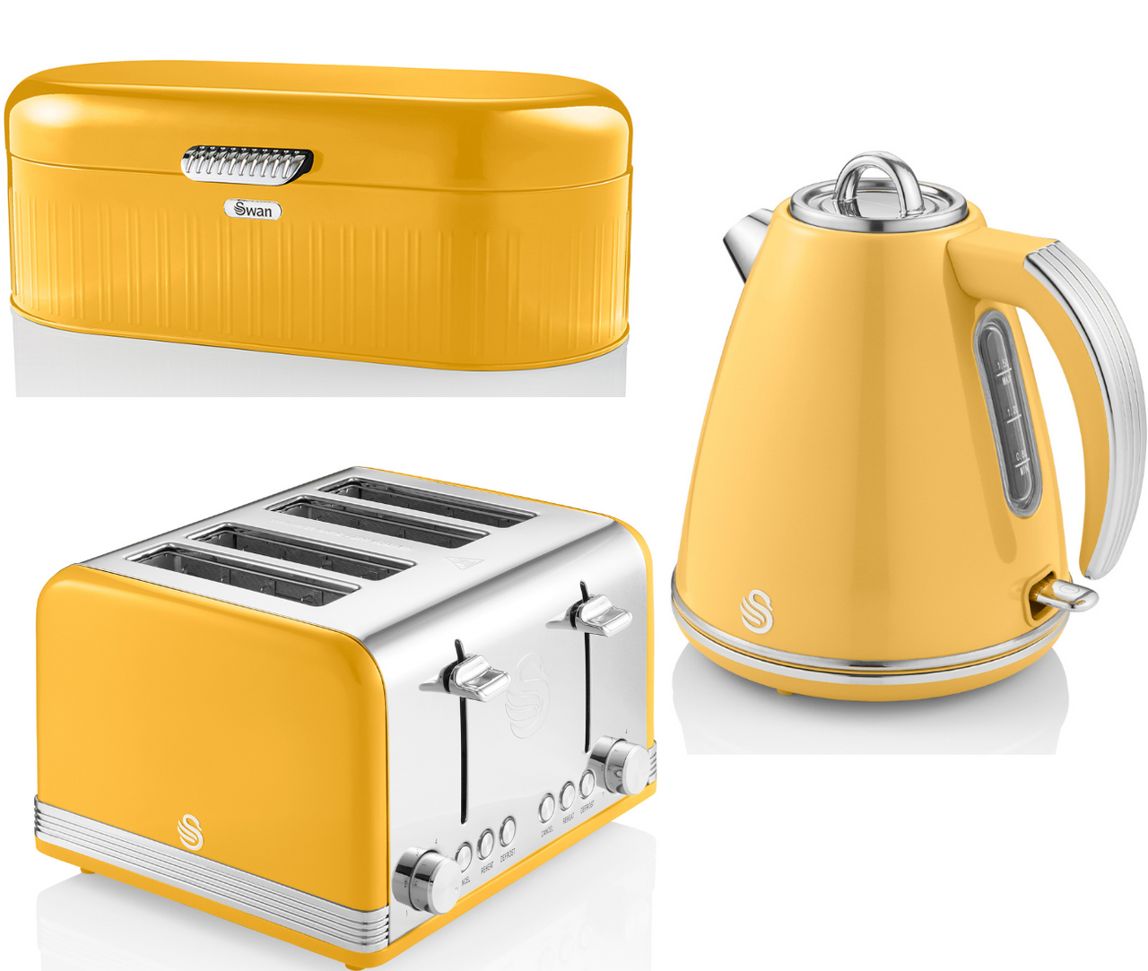 NEW Swan Retro Yellow Jug Kettle 4 Slice Toaster & Bread Bin Vintage Kitchen Set