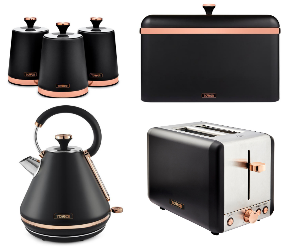Tower Cavaletto Kettle 2 Slice Toaster Canisters BreadBin Black & Rose Gold