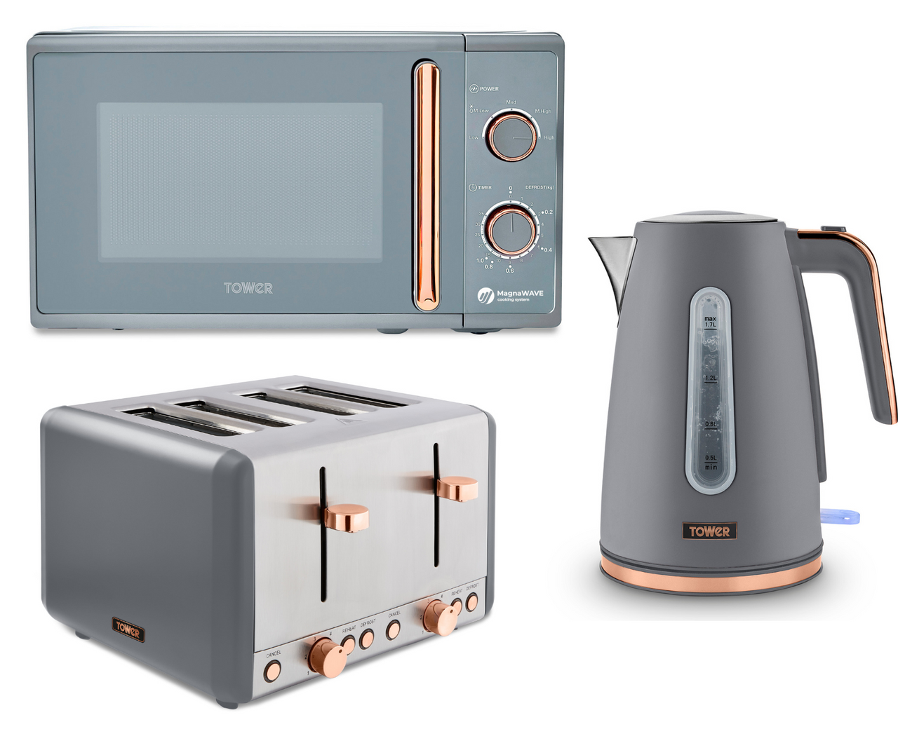 Tower Cavaletto Grey/Rose Gold Jug Kettle 4 Slice Toaster Microwave Kitchen Set
