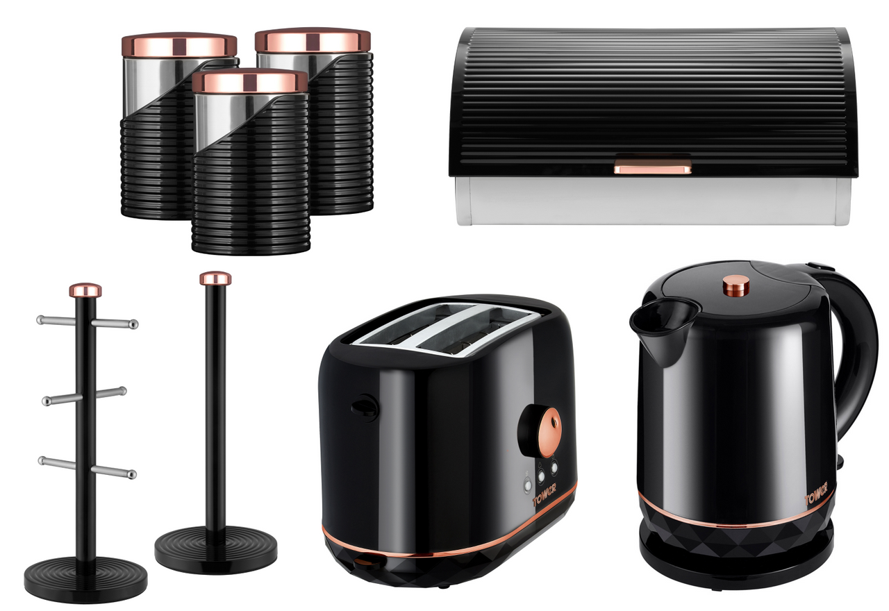 Tower Rose Gold & Black Kettle Toaster Bread Bin Canisters Mug Tree & Towel Pole