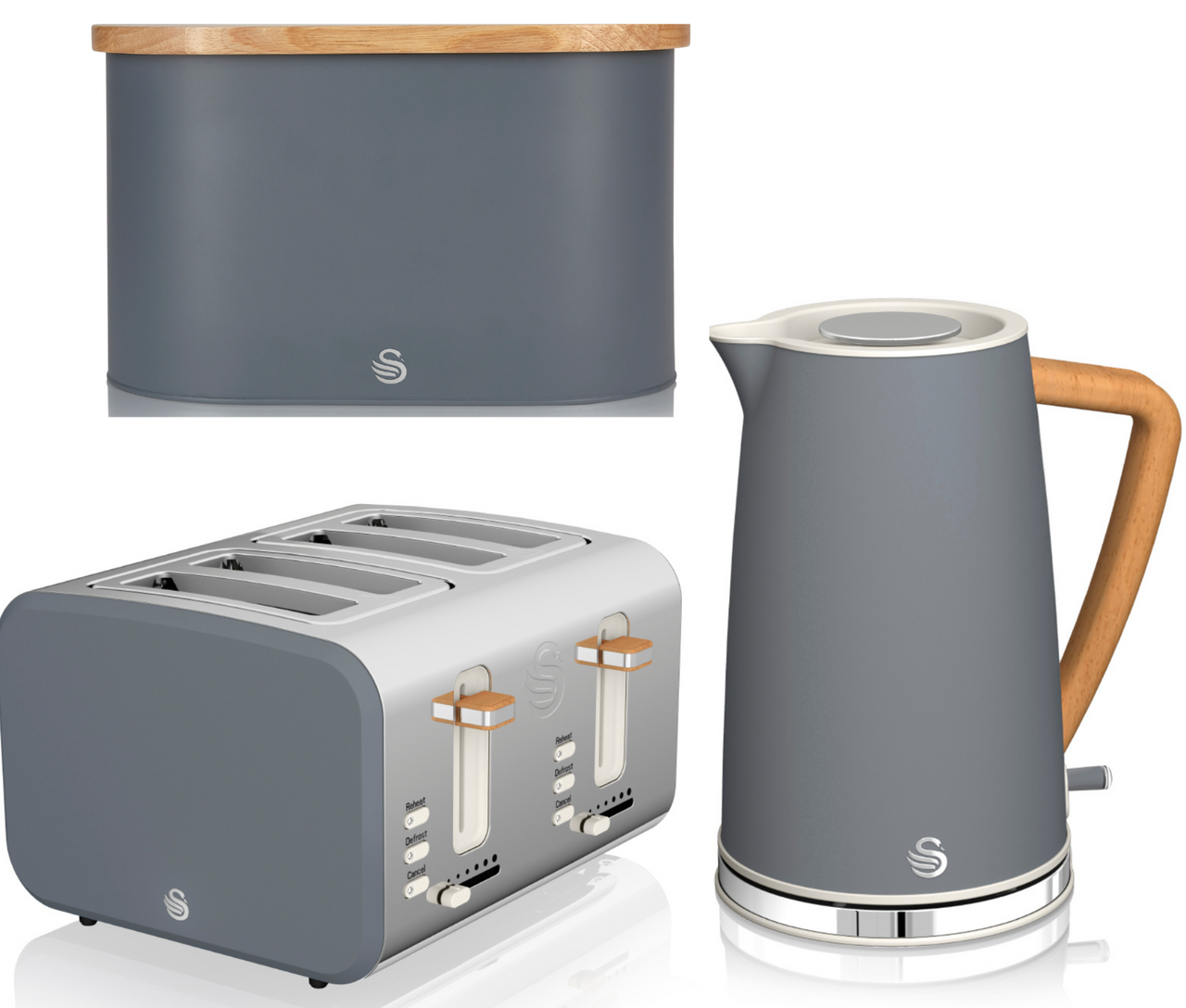 Swan Nordic Grey Kettle 4 Slice Toaster Breadbin Scandinavian Design