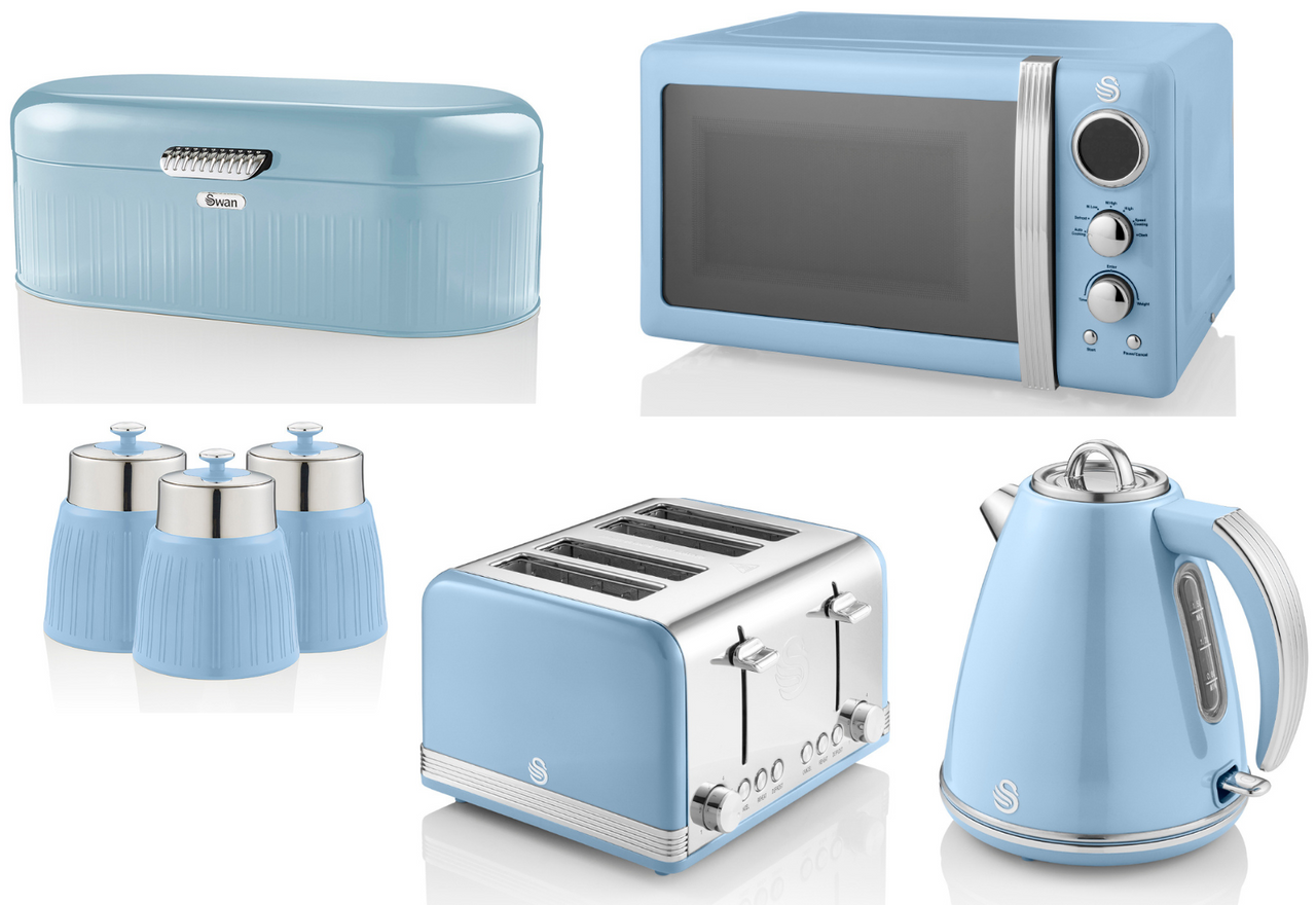 Swan Retro Blue Set of 7 - 1.5L 3KW Jug Kettle, 4 Slice Toaster, 800W 20L Digital Microwave, Bread Bin & Canisters