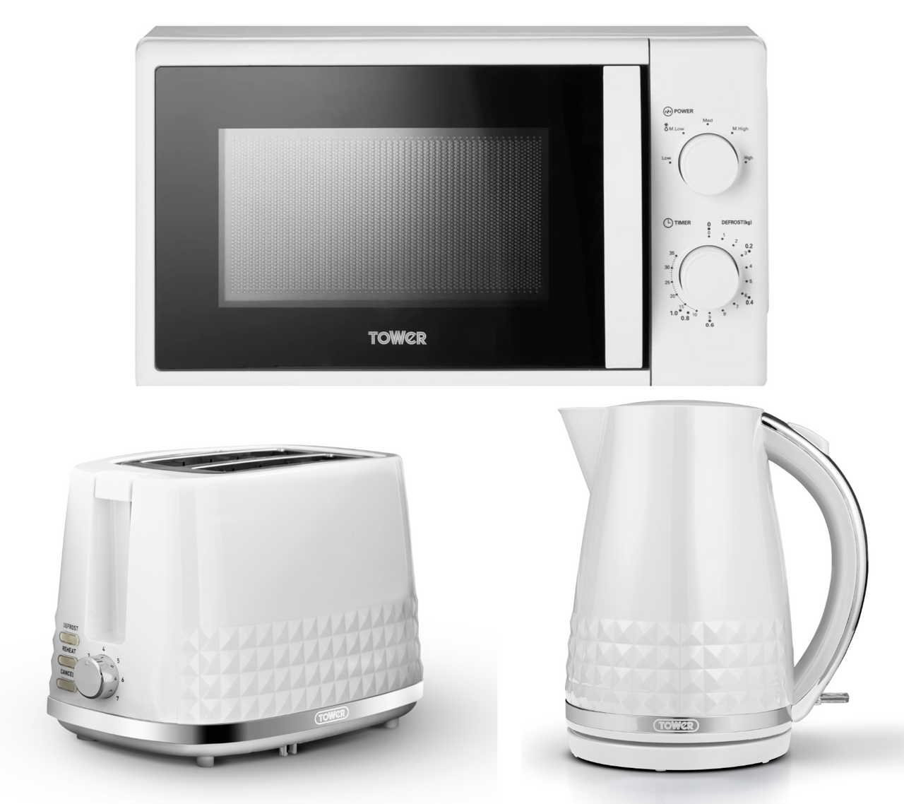 Tower Solitaire 3KW 1.5L Kettle, 2 Slice Toaster & 700W 20L Manual Microwave T24034WHT Set in White