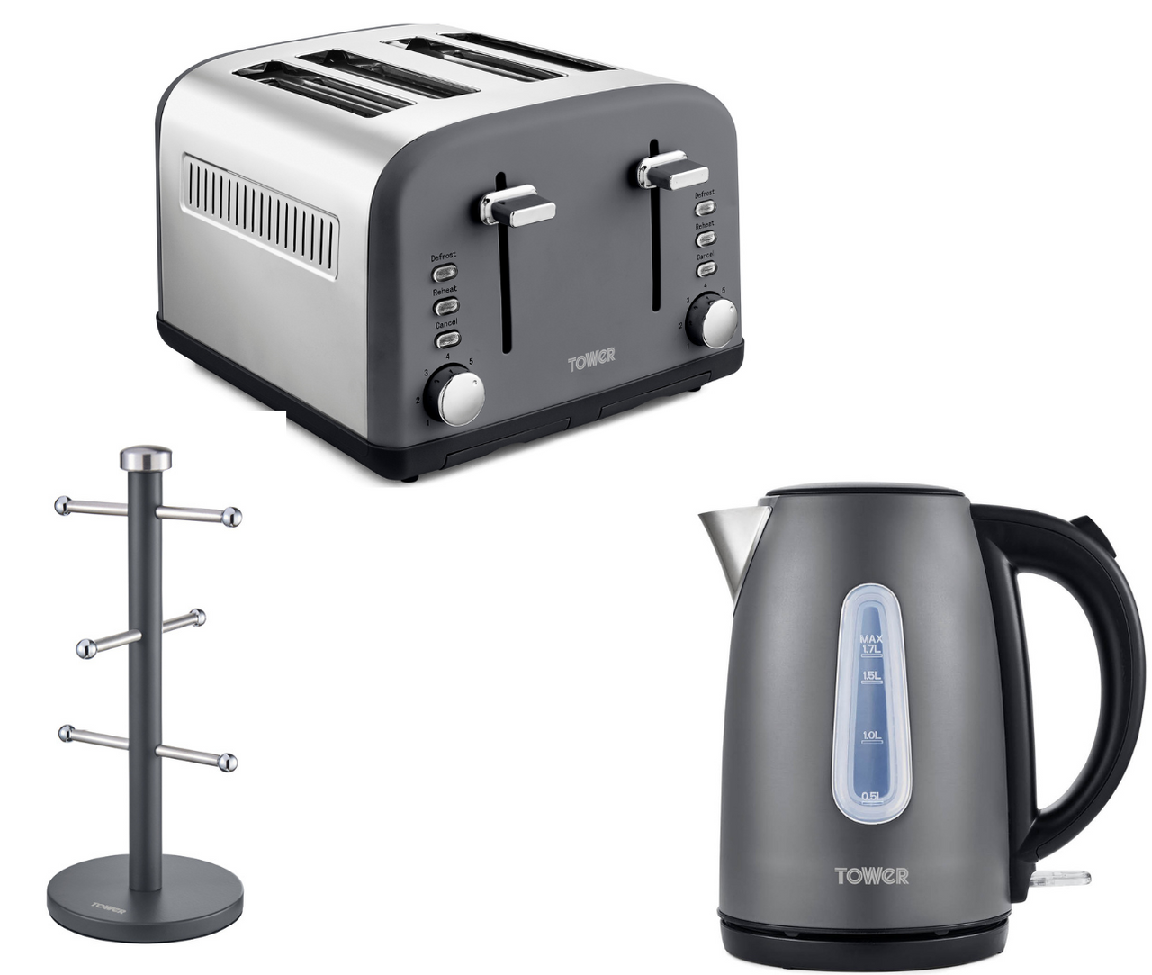 Tower Infinity Kettle 4 Slice Toaster & Mug Tree Kitchen Set in Slate Grey