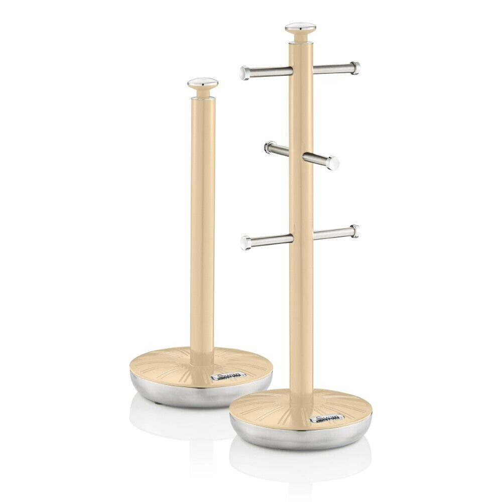 Swan Retro Cream Mug Tree & Towel Pole Matching Kitchen Storage Set