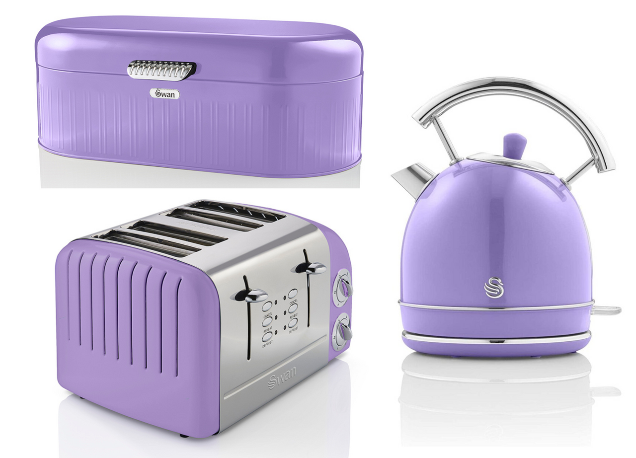 Swan Retro Purple Dome Kettle 4 Slice Toaster & Breadbin Vintage Kitchen Set