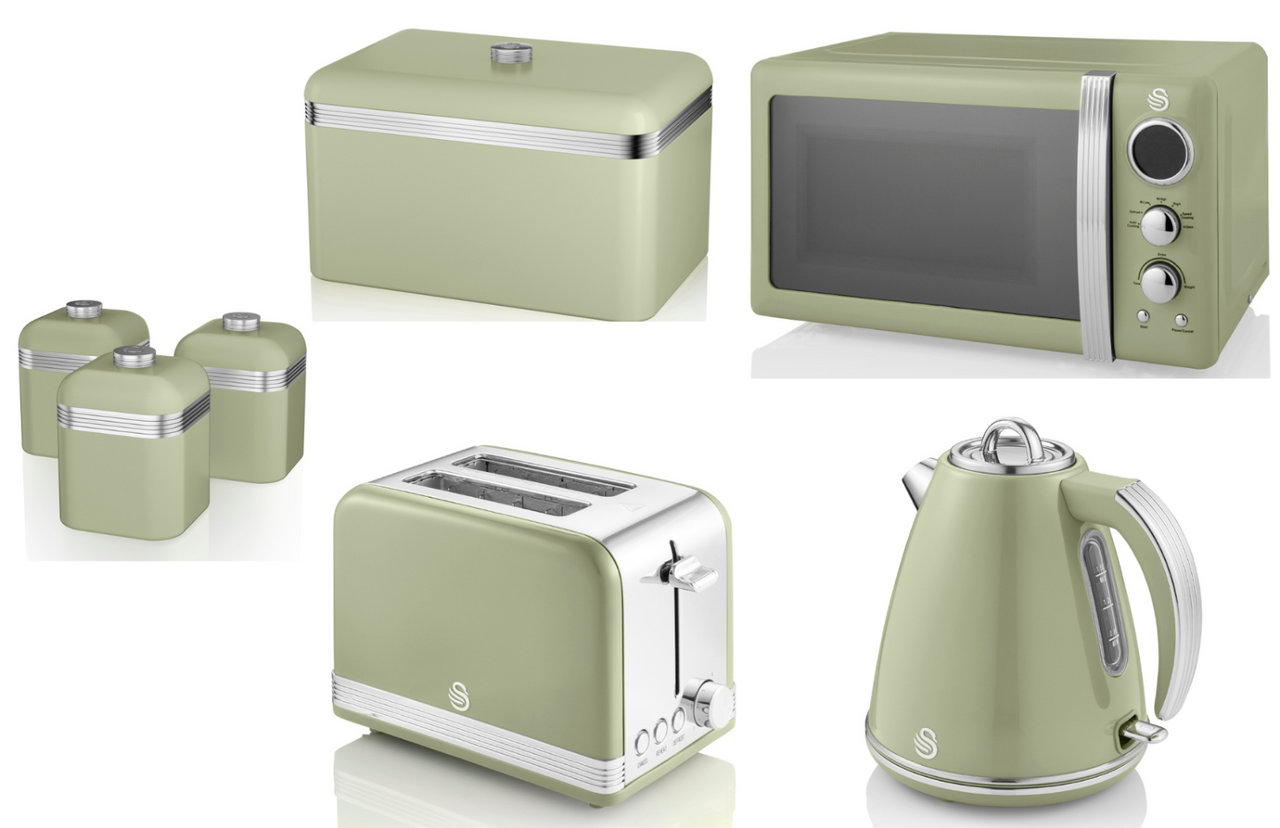 SWAN Retro Green Jug Kettle 2 Slice Toaster Microwave & Kitchen Storage Set of 7
