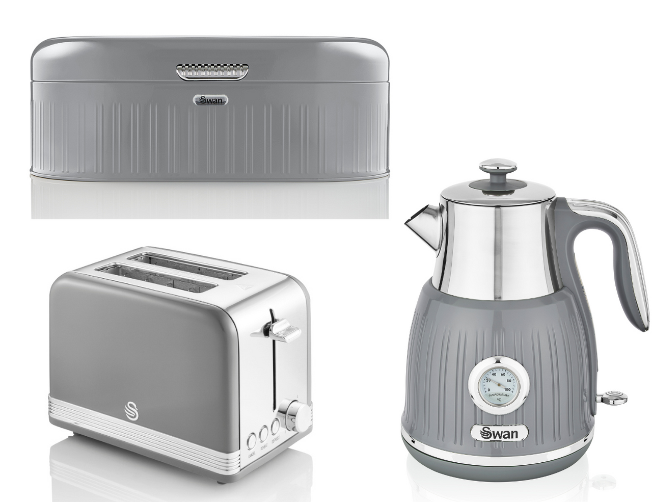 SWAN Retro Grey Jug Dial Kettle, 2 Slice Toaster & Breadbin Vintage Kitchen Set