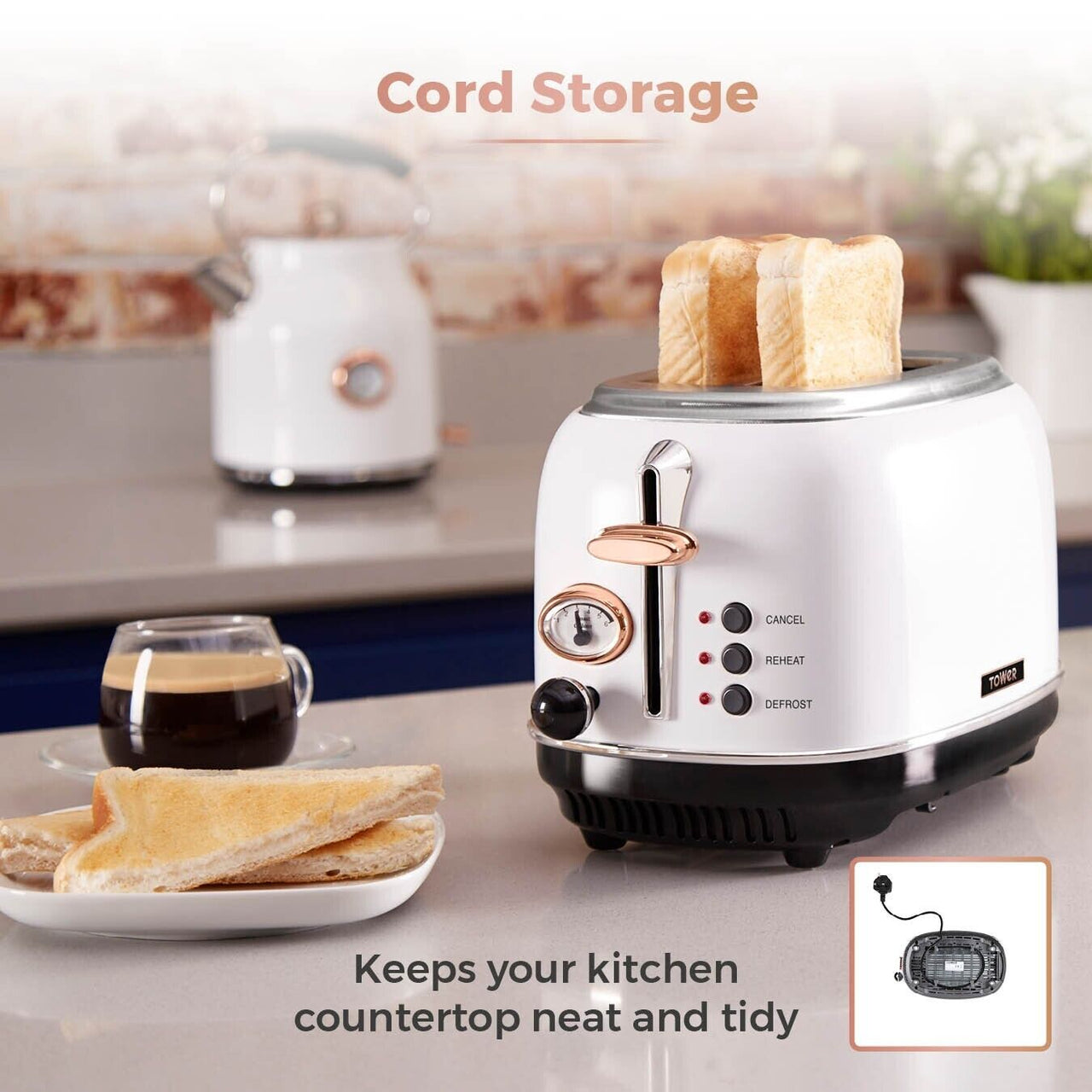 Tower Bottega Kettle Toaster Microwave & Canisters Set of 6 White/ Rose Gold