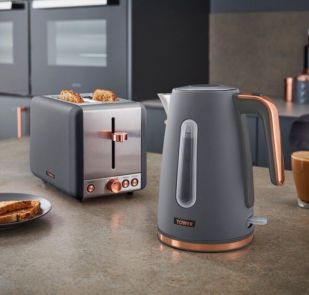 Tower Cavaletto Grey/Rose Gold Jug Kettle 2 Slice Toaster Microwave Kitchen Set
