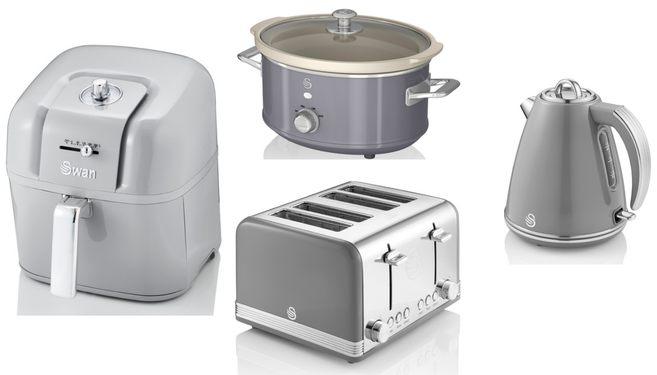 SWAN Retro Grey Jug Kettle Toaster 6.5L Air Fryer & 3.5L Slow Cooker Kitchen Set