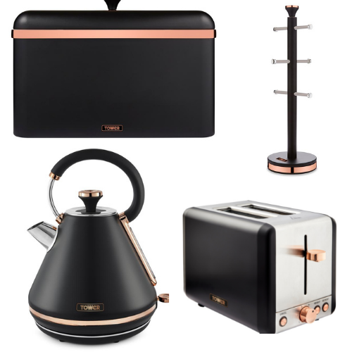 TOWER Cavaletto Pyramid Kettle 2 Slice Toaster Bread Bin & Mug Tree Black & Rose Gold