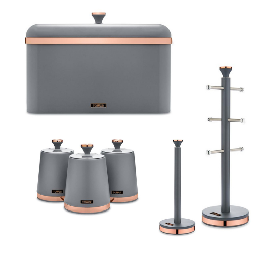 Tower Cavaletto Bread Bin Canisters Mug Tree & Towel Pole Storage Set in Grey & Rose Gold